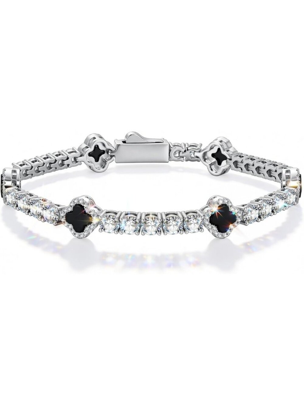 Natural Black Onyx Four-Leaf Clover Handmade Tennis Bracelet | Unique Gift Idea